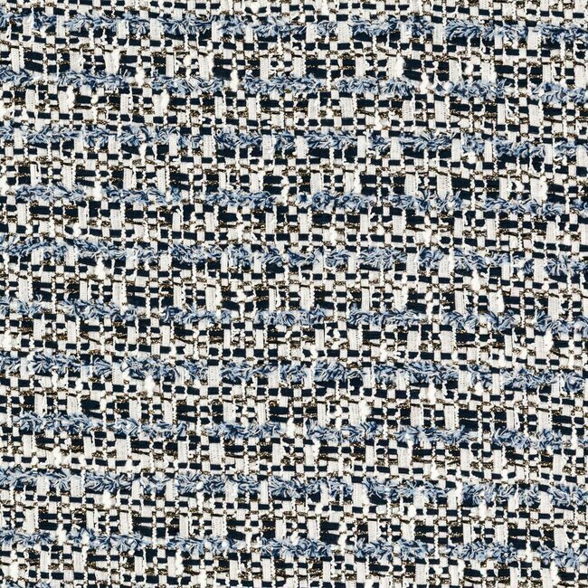 Off-white tweed with blue threads and metallic touches. Denim effect and luminous appearance.