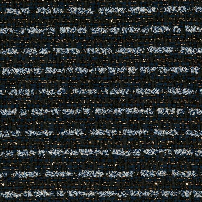 Navy-striped tweed with gold and copper touches. Sophisticated look.