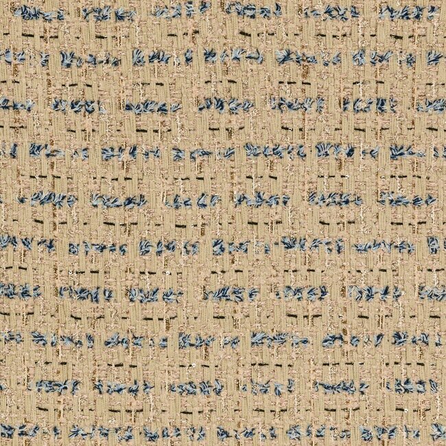 Light beige tweed highlighted with gold threads and hints of blue denim. Luxurious effect.