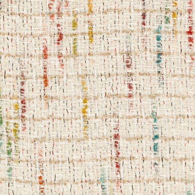 White tweed sprinkled with multicolored (blue, yellow, red) and metallic threads.