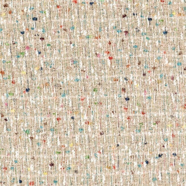 Soft beige tweed with pastel threads (sky blue, pink, green) and some metallic fibres.