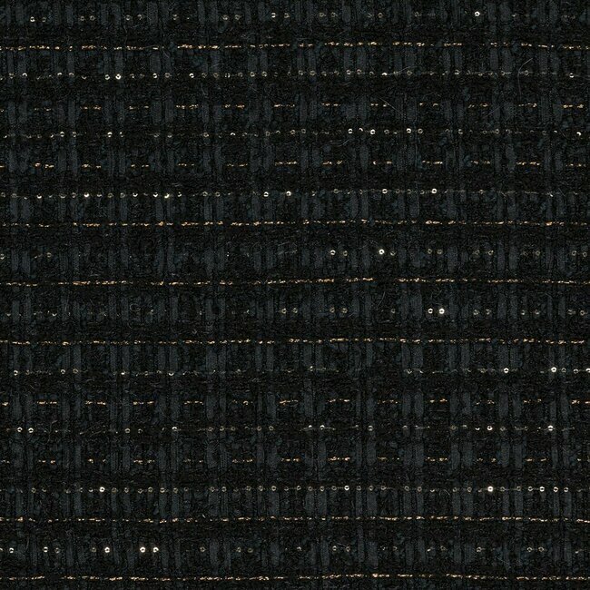 Black tweed with a tight weave and subtle metallic reflections. Uniform surface.