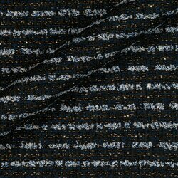 Navy-striped tweed with gold and copper touches. Sophisticated look.