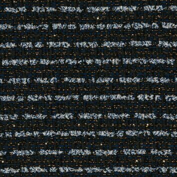 Navy-striped tweed with gold and copper touches. Sophisticated look.