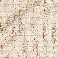 White tweed sprinkled with multicolored (blue, yellow, red) and metallic threads.
