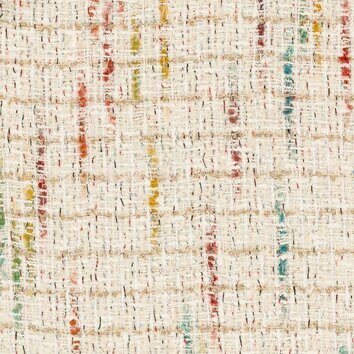 White tweed sprinkled with multicolored (blue, yellow, red) and metallic threads.